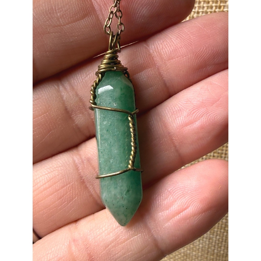 Brass Green Aventurine Crystal Point Necklace Wire Wrapped Boho Hippie Aesthetic
